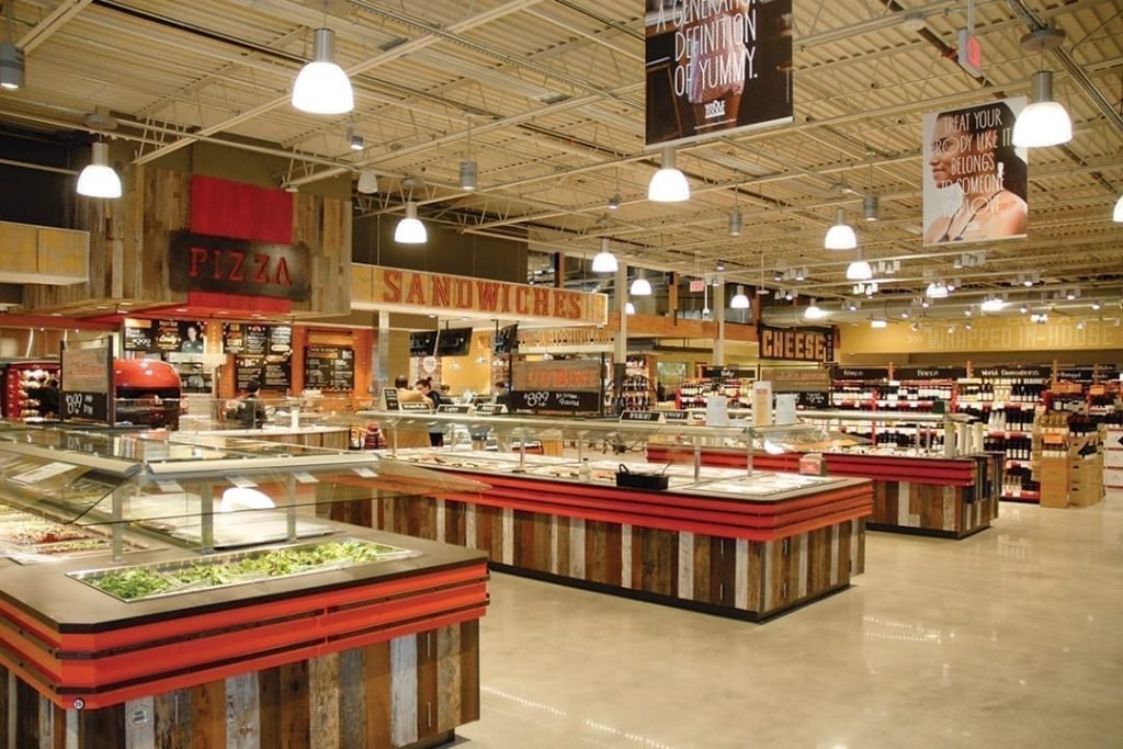 Interior layout of a grocery store.