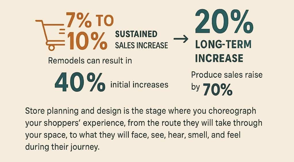 Infographic showing how store design impacts grocery retail ROI through branding, layout, and shopper behavior