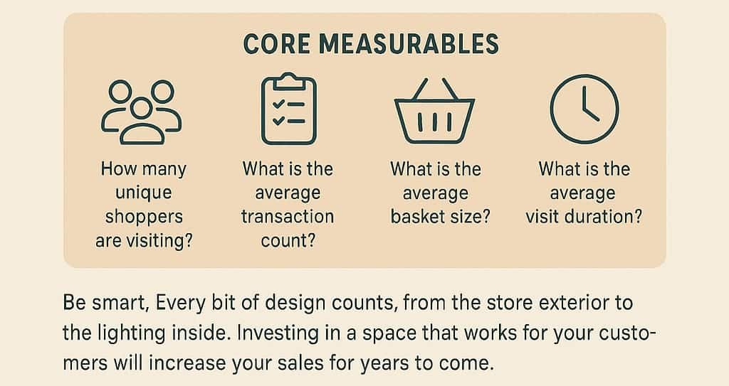 Infographic highlighting core metrics used to measure ROI of brand design and store planning in retail spaces